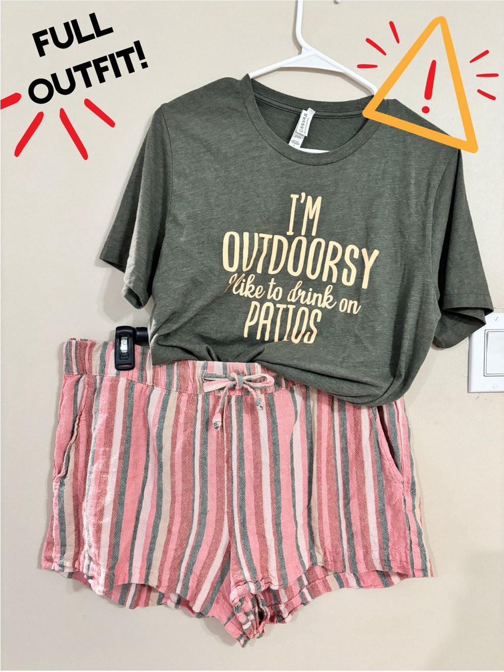 OUTFIT: Women’s Pink Striped Tie-Waist Shorts & Funny Drinking Tee